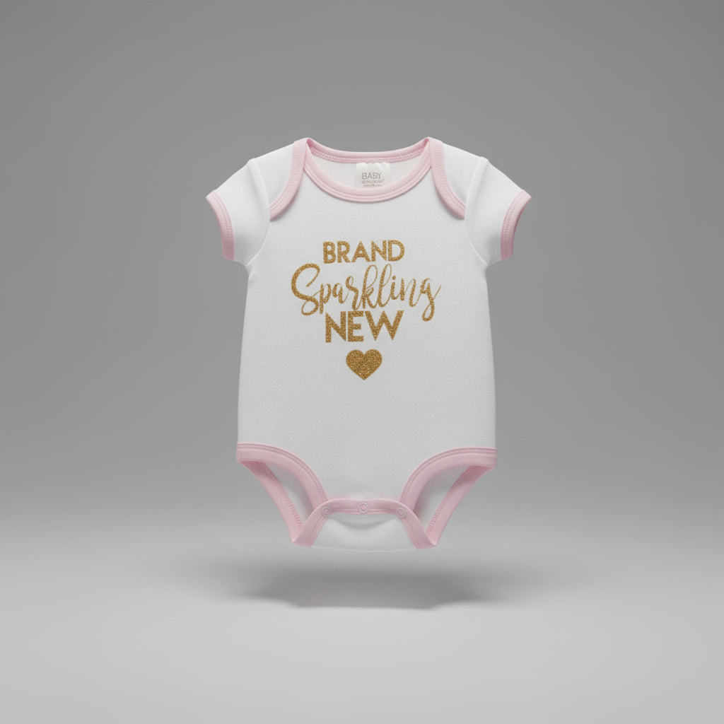 Baby onesie with 'Brand Sparkling New' text on a store rack.