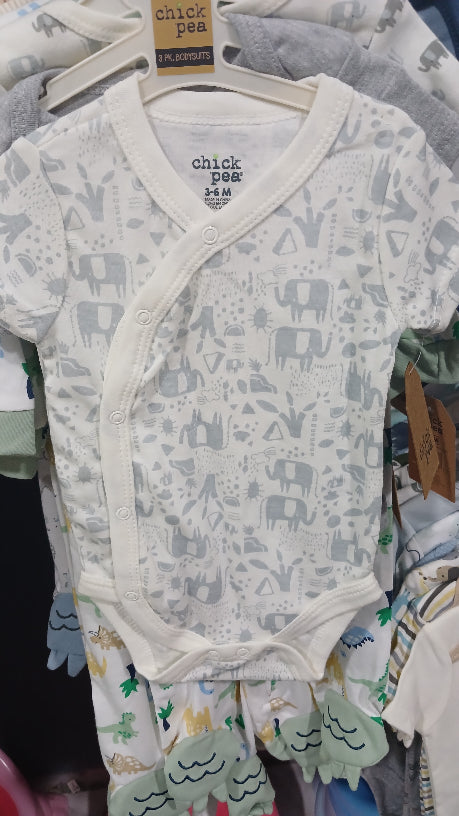 White and grey elephant 3pc onesies