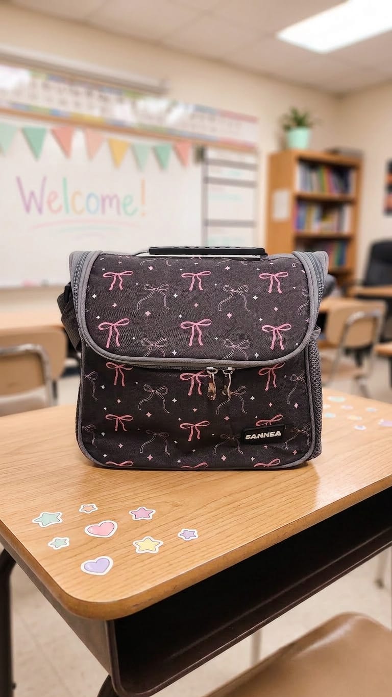 SANNEA Insulated Lunch Bag – Black Pink Bows