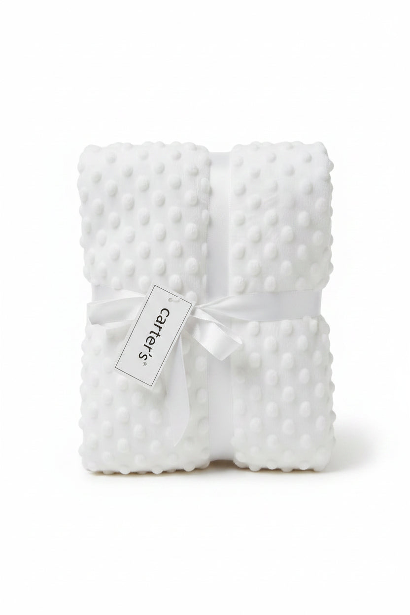 Carter's white bubble dot baby blanket with satin ribbon