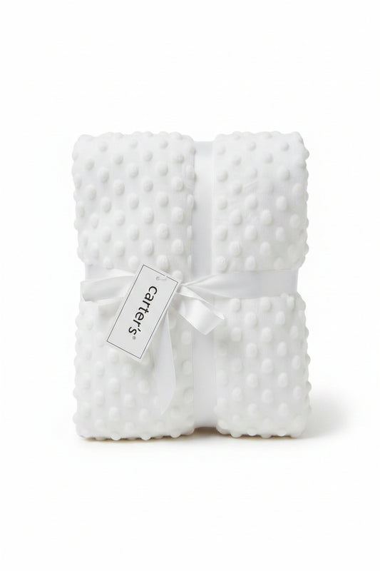 Carter's white bubble dot baby blanket with satin ribbon