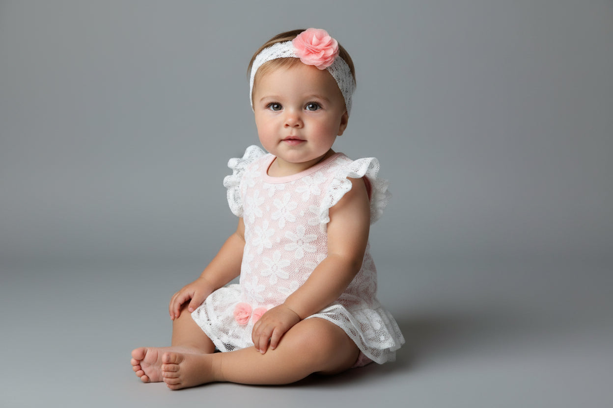 2-piece baby outfit with lace top and pink bloomers 