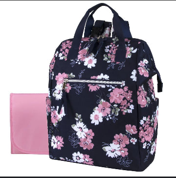 Navy floral 7 pocket Baby Essentials nappy bag