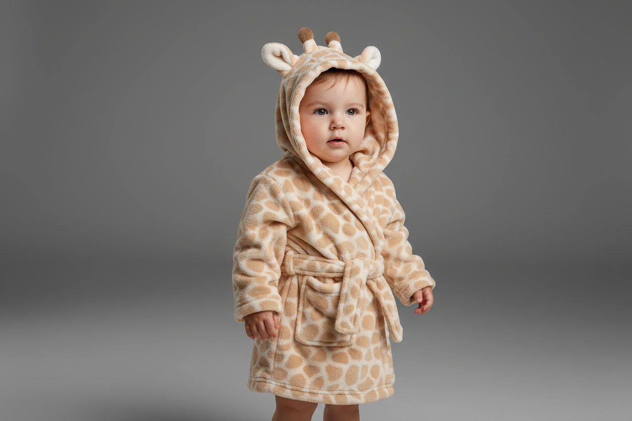 Children's giraffe-themed robe with a tag on a green textured background