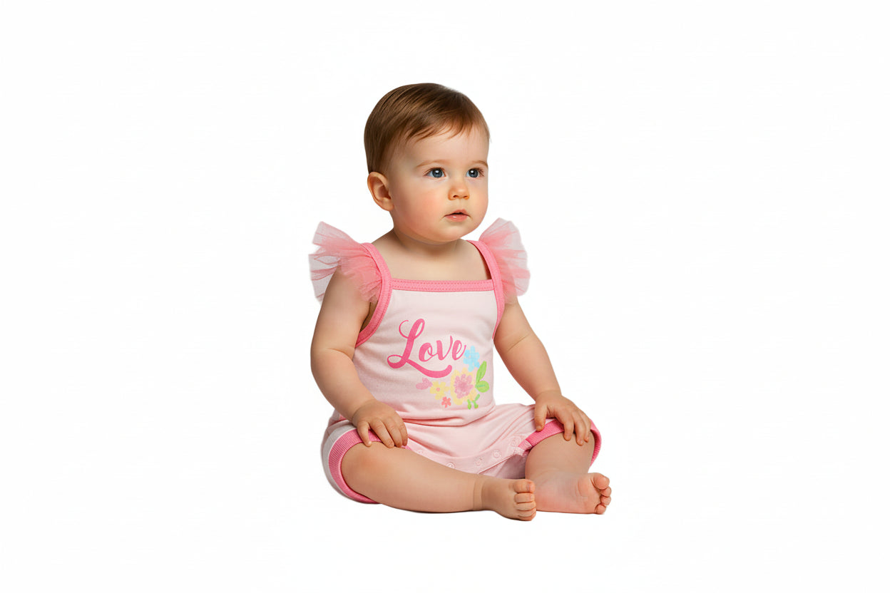 Pink baby onesie with floral embroidery