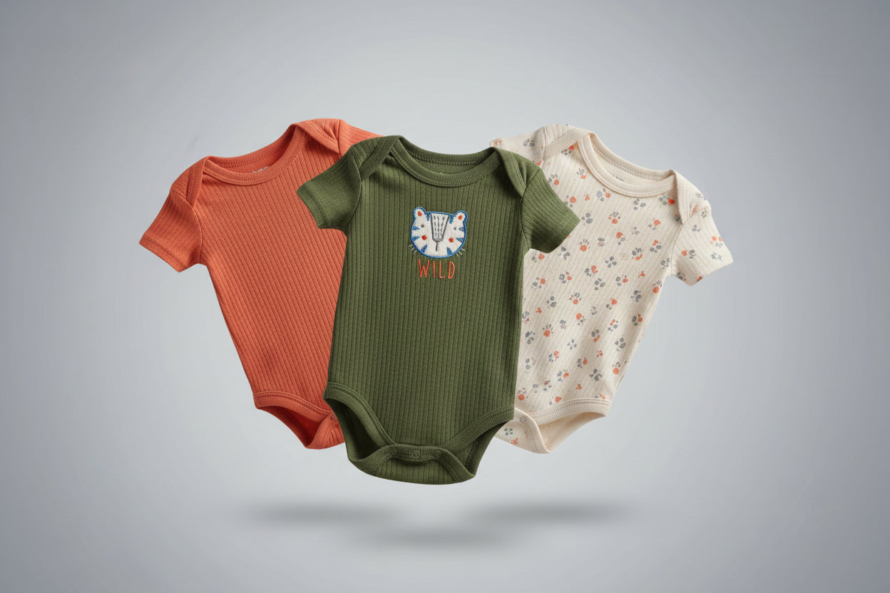 Three baby bodysuits in orange, green, and beige 