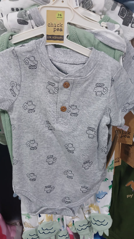Grey and green tractor 3pc onesies