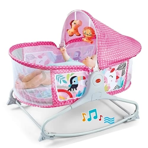 Pink baby bassinet top view with mesh canopy