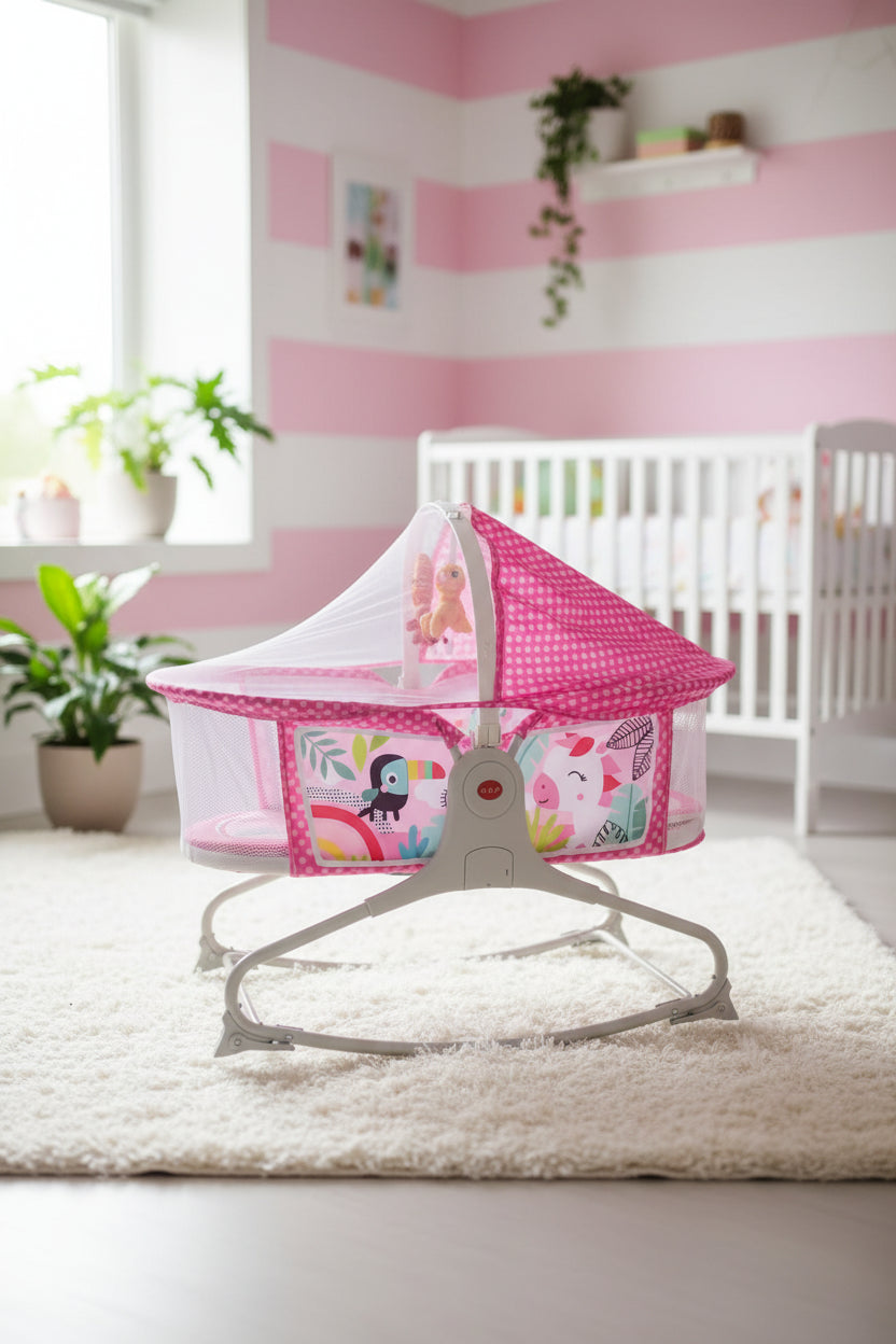 Pink baby bassinet side view