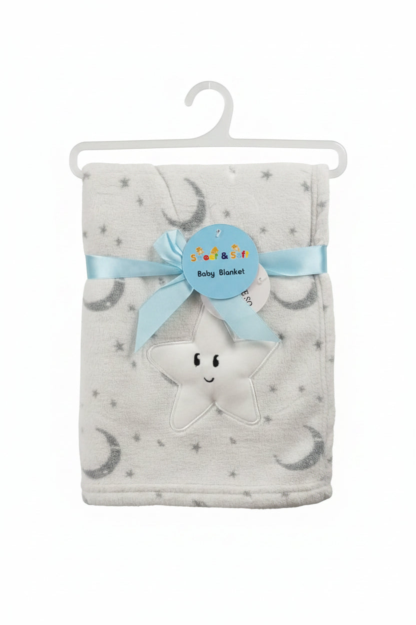 Star print baby blanket and plush star toy set with blue satin ribbon